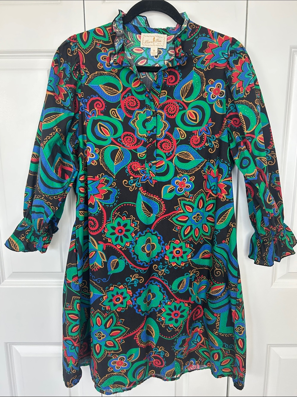 Flora Bea NYC Black Long-Sleeve Paisley Floral Tunic Dress Size Medium